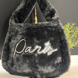 Paris Hilton Faux Fur Shoulder Bag • Black Plush Tote Purse NWT